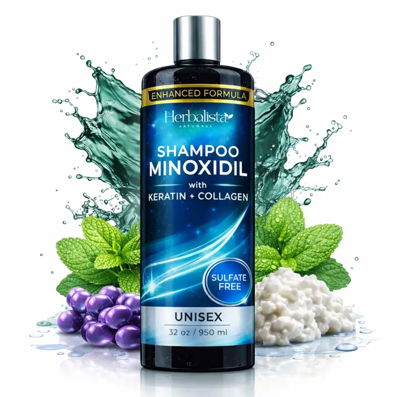 Minoxidil Anti-Hair Loss Haircare Shampoo - Biotin & Collagen Blend, Sulfate-Free, Moisture-Rich, Smooth, Cleansing, Thick Liquid for Adults' Fuller Stronger Wavy Hair, Unisex Daily Scalp Care, 32 oz (950 ml)