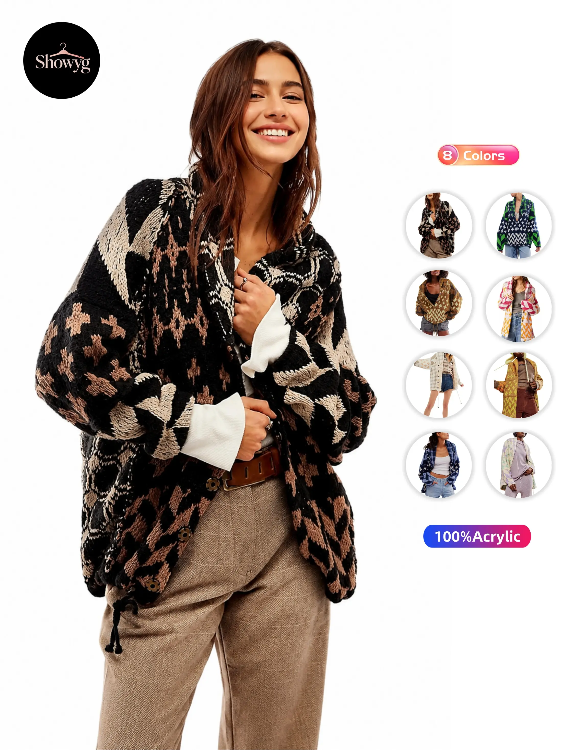 Showyg Women's Shawl Collar Long Sleeve Knit Cardigan Sweater, Button‑Down Oversized Y2K Printed Sweater Coat for Fall Casual Outerwear