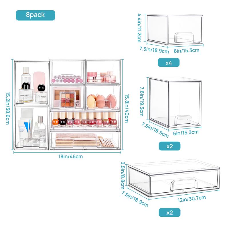 Vtopmart Stackable Storage Drawers Set of 2-8 Clear Plastic Organizer Bins for Nursery Bottle Station and Beauty Supplies Vanity Bathroom Cabinet Pantry Organization Multi-Size Flexible Design BPA-Free Safe New Year Gift