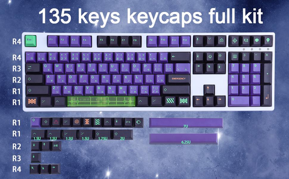 PBT Keycaps,135 Keys Mecha Dye Sublimation Cherry Profile Keycaps with 7U Clear Spacebar Japanese Keycap Set for Cherry MX Switches US Layout Mechanical Keyboards