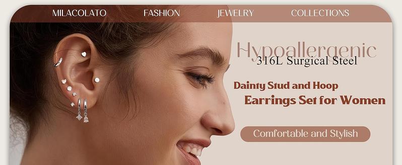 MILACOLATO Hypoallergenic Flat Back Earrings for Women Men, 14K Plated Gold Cartilage Earrings Set for Multiple Piercing, Surgical Stainless Steel Small Hoop Flatback Stud Earrings Stacks Screwback for Sensitive Ears