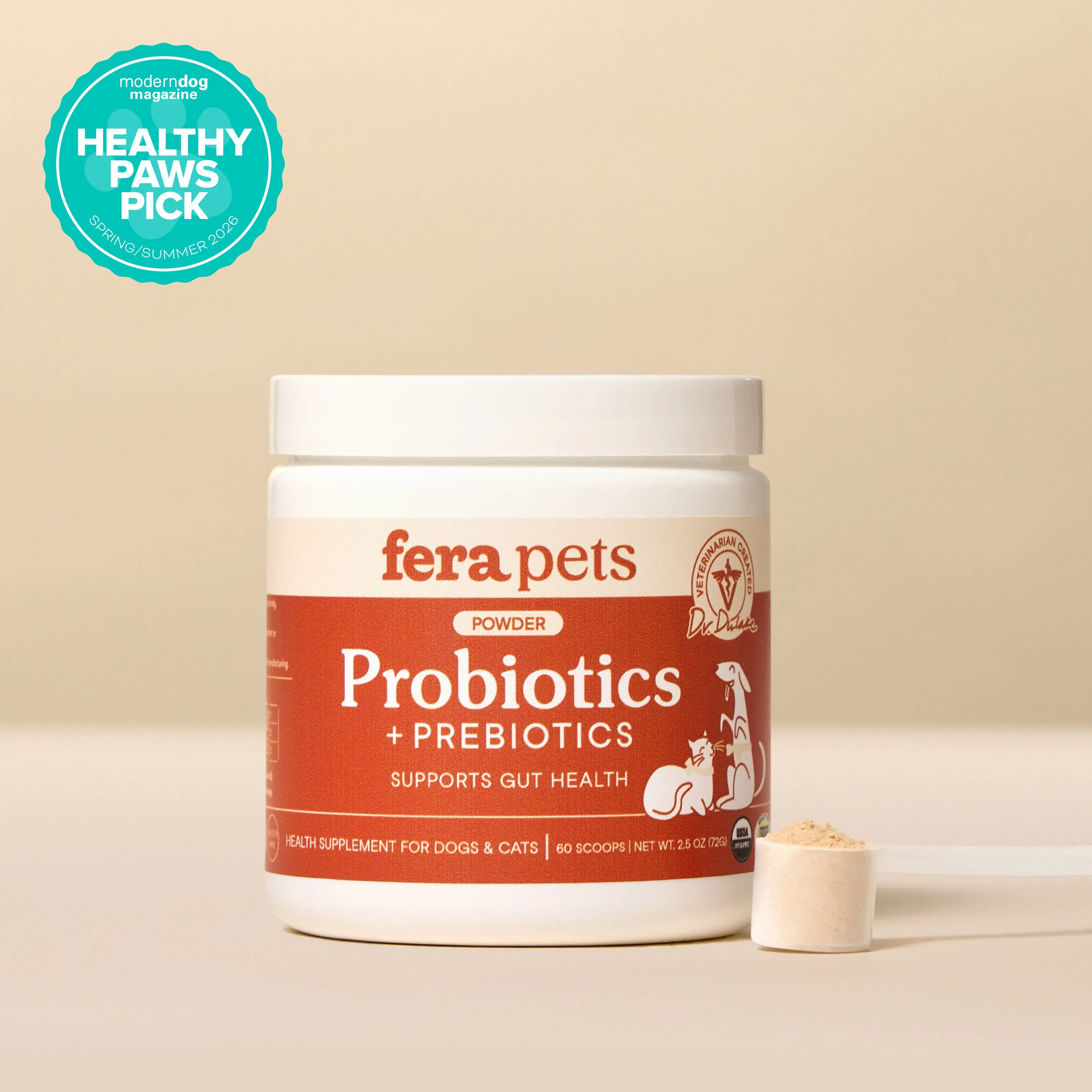 Fera Pets USDA Organic Probiotics with Prebiotics for Dogs & Cats – Vet‑Formulated Digestive & Gut Health Supplement with 12 Strains
