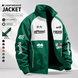 Men's contrasting stand up collar jacket with racing themed prints, zippered pockets, and racing sports theme, suitable for competitions, outdoor sports, and daily leisure wear. Retro casual men's jacket, suitable for spring and summer seasons Long Sleeve