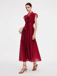 Tencel Blend Women Ruffle Cap Sleeve Maxi Dress With Sash