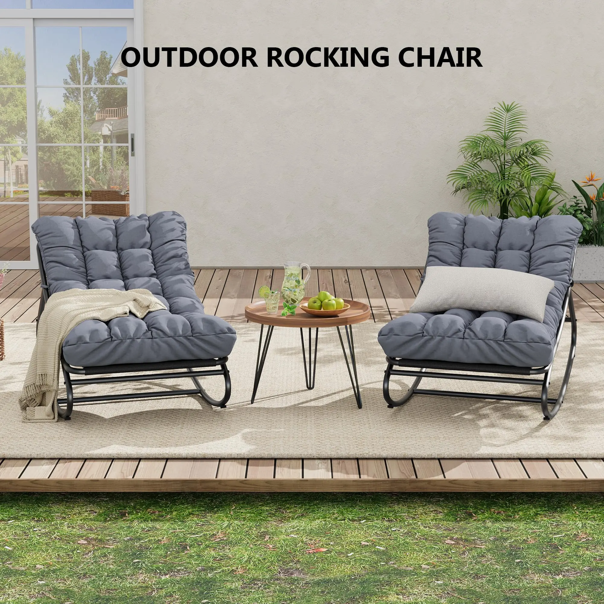 Oversized Papasan Rocking Chair for Indoor/Outdoor – Modern Heavy Duty Metal Frame Oversized Papasan Rocking Chair– Thick Waterproof Cushions – All-Weather Patio Lounge for Porch, Garden, Living Room