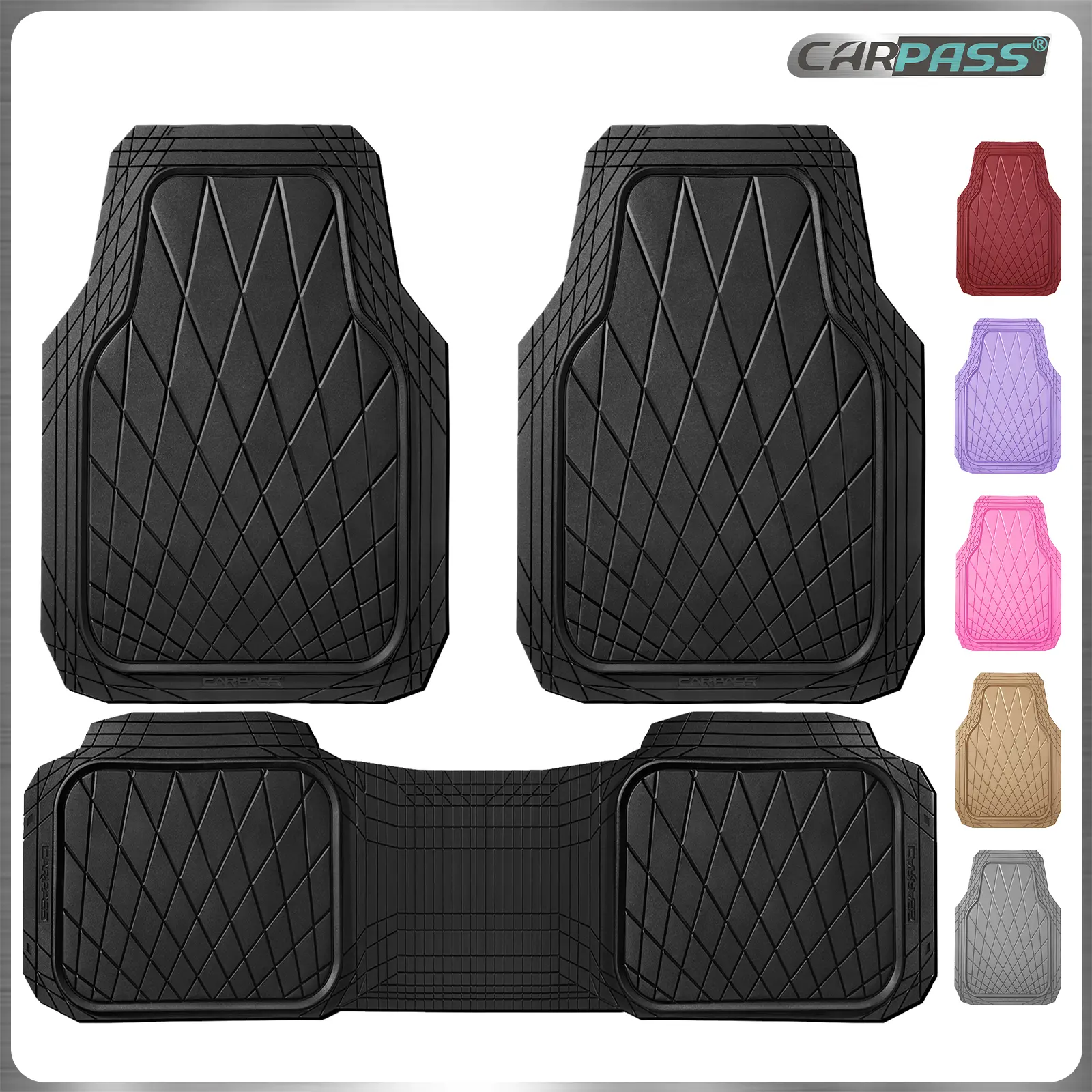 CAR PASS Heavy Duty Rubber Car Floor Mats, Waterproof Universal Trim-to-Fit Car Mats All Weather Floor Mats for SUV Truck Sedan, Premium Auto Floor Mats Full Set 3 Piece Anti-Slip