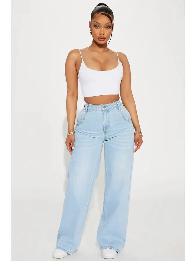 Calling It Off Baggy Jeans - Light Wash Wide Leg Drop Waist 11" Rise 32.5" Inseam Non Stretch 90% Cotton 10% Polyester