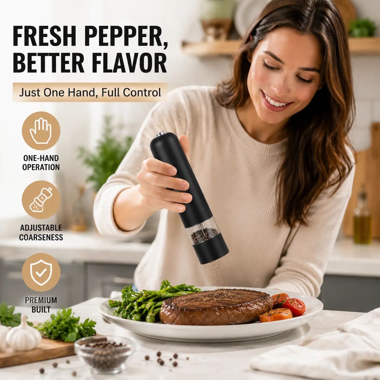 Salt & Pepper Grinder Set - Kitchen Gadgets Utensils for Everyday Cook, 1-Hand Operation Coarse/Fine Adjustable Coarseness Seasoning Mill for Fresh Cooking Spices Grinding