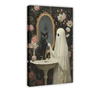 Ghost And Black Cat in Bathroom Poster, Cute Ghost Print, Spooky Halloween Wall Art, Whimsigoth Print, Spooky Bathroom Decor restaurant