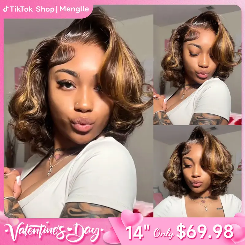 Menglle Side Part Honey Blonde Highlight 7x6 Pre Cut Lace Bouncy Body Wave Bob Wig Human Hair Wigs Natural And Voluminous#springfresh#GiftedInLove