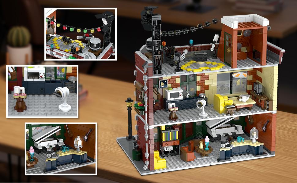 Coffee House Building Set with LED Light, 1589 PCS City Cafe Shop Building Block Toy with Stage Street Lights, Architecture Construction Model for Adults Teens Kids Ages 10 11 12+ Boys Girls Wooden Diy Kit