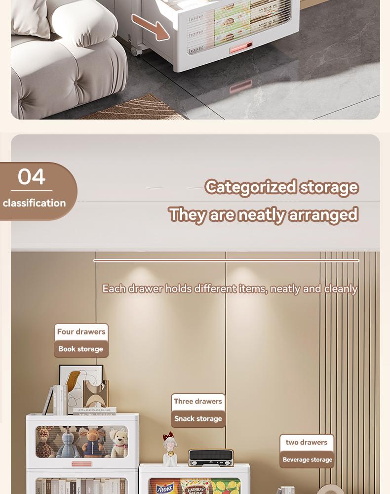 MiAoLi  4Tier Stackable Plastic Storage Cabinet System - Large-Capacity Storage Boxes with Doors and Casters, Space-Saving Folding Home Organization Solution for Bedrooms, Living Rooms, and Kitchens, Easy Assembly