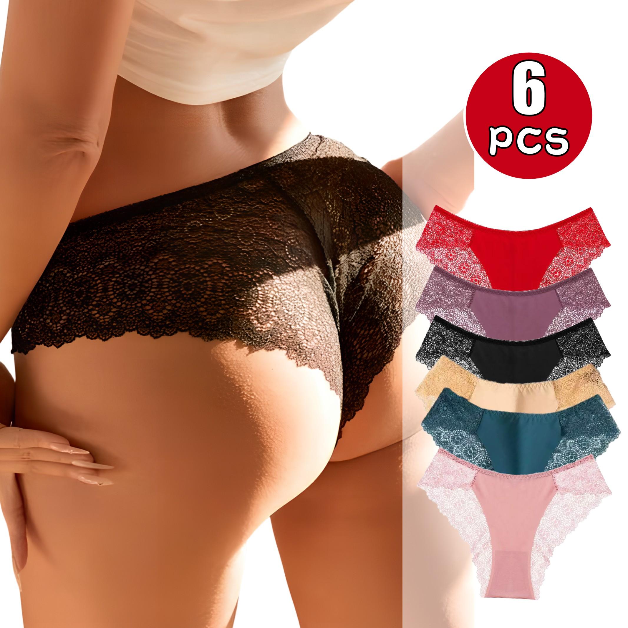 SeamlessLace Women's 6 PCS Contrast Lace Panty Set Assorted Colors Basic Minimalist Cotton Bikini Briefs Comfortable Everyday Lingerie Elegance Pieces Suit Style Elegant Underwear Thongs Period Underwear Womenswear Chic Cute