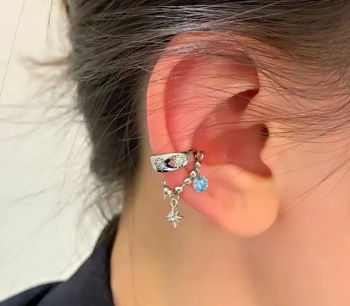 Celestial Star Dangle Cartilage Earring, Double-Layer Beaded Chain with Pink Blue Zircon Charms, Hypoallergenic Stainless Steel Helix Piercing Stud, Fairycore Y2K Jewelry for Women, Gift for Best Friend