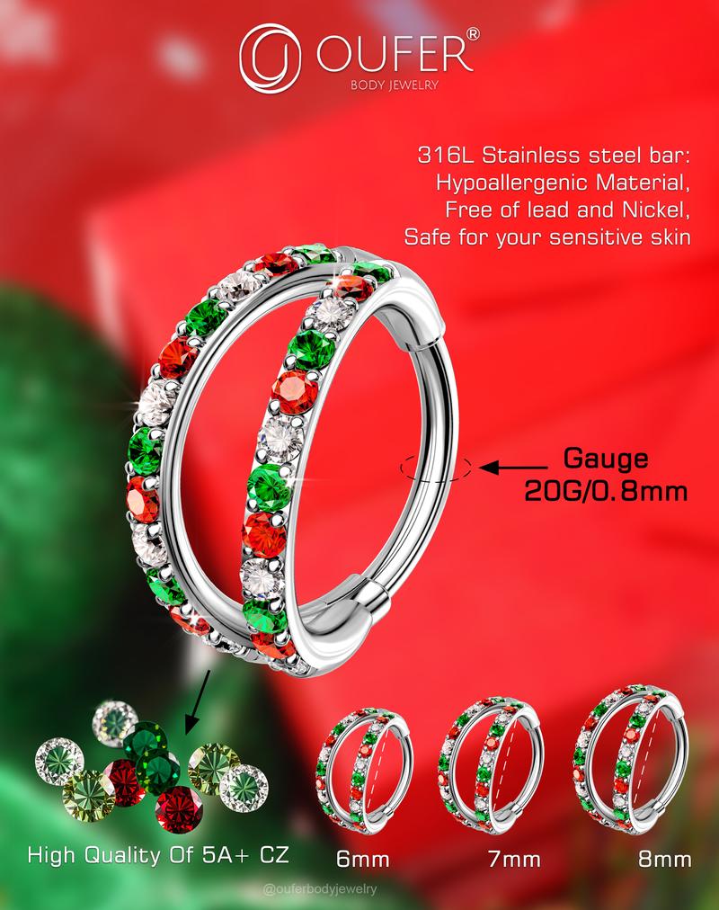 Oufer Halloween 20G AAA+ Grade CZ Hinged Double Row Nose Nostril Piercing Hoop Ring 316L Stainless Steel 5mm-12mm Inner Diameter for Conch Helix Lobe Tragus Cartilage Jewelry