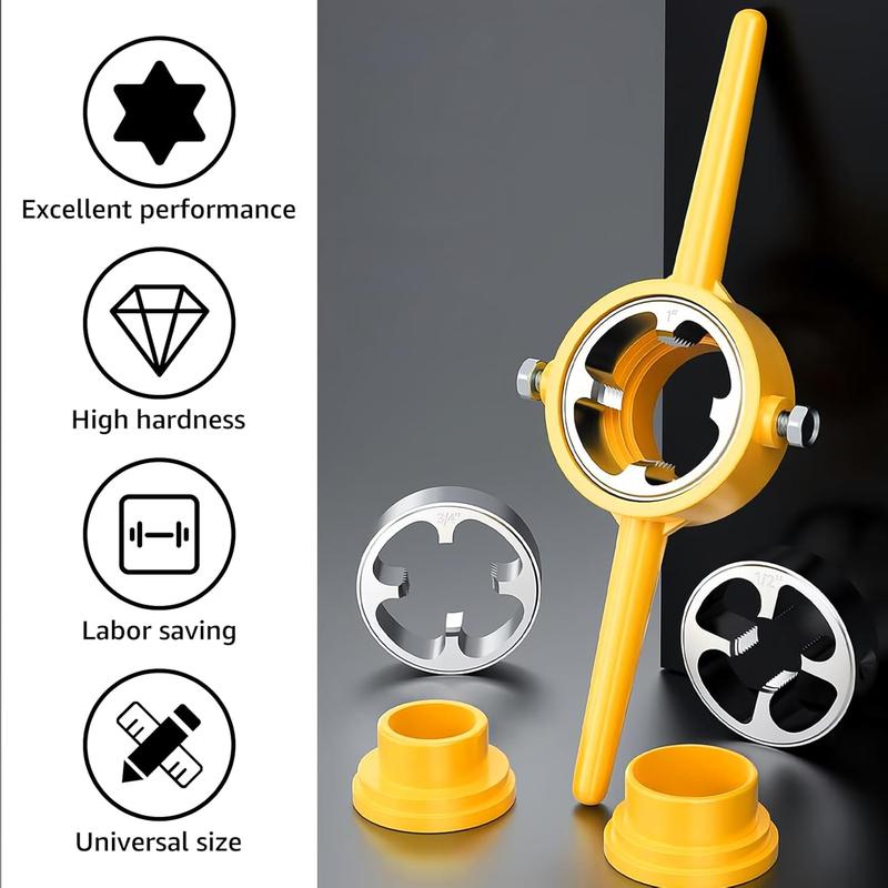 Thread Maker Tool, Pipe Threader Plumbing Tool Kit, Reusable Round PVC Pipe Threader Set with 1/2",3/4",1" Dies, Plastic Pipe Tap Die Set,Plumbing Manual Hand Wrench for PVC Threading