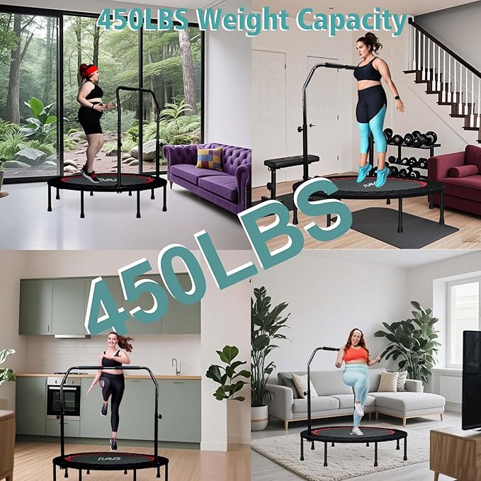 48" Foldable Home Fitness Trampoline with Adjustable Handles & Resistance Bands – for Adults & Kids, Indoor/Outdoor Exercise Equipment