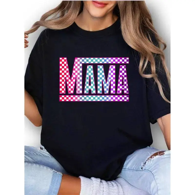 Unisex Streetwear T-Shirt with Checkered Mama Graphic, Loose-Fitting Round Neck Printed Outdoor Sports Top with Short Sleeves, Tshirt
