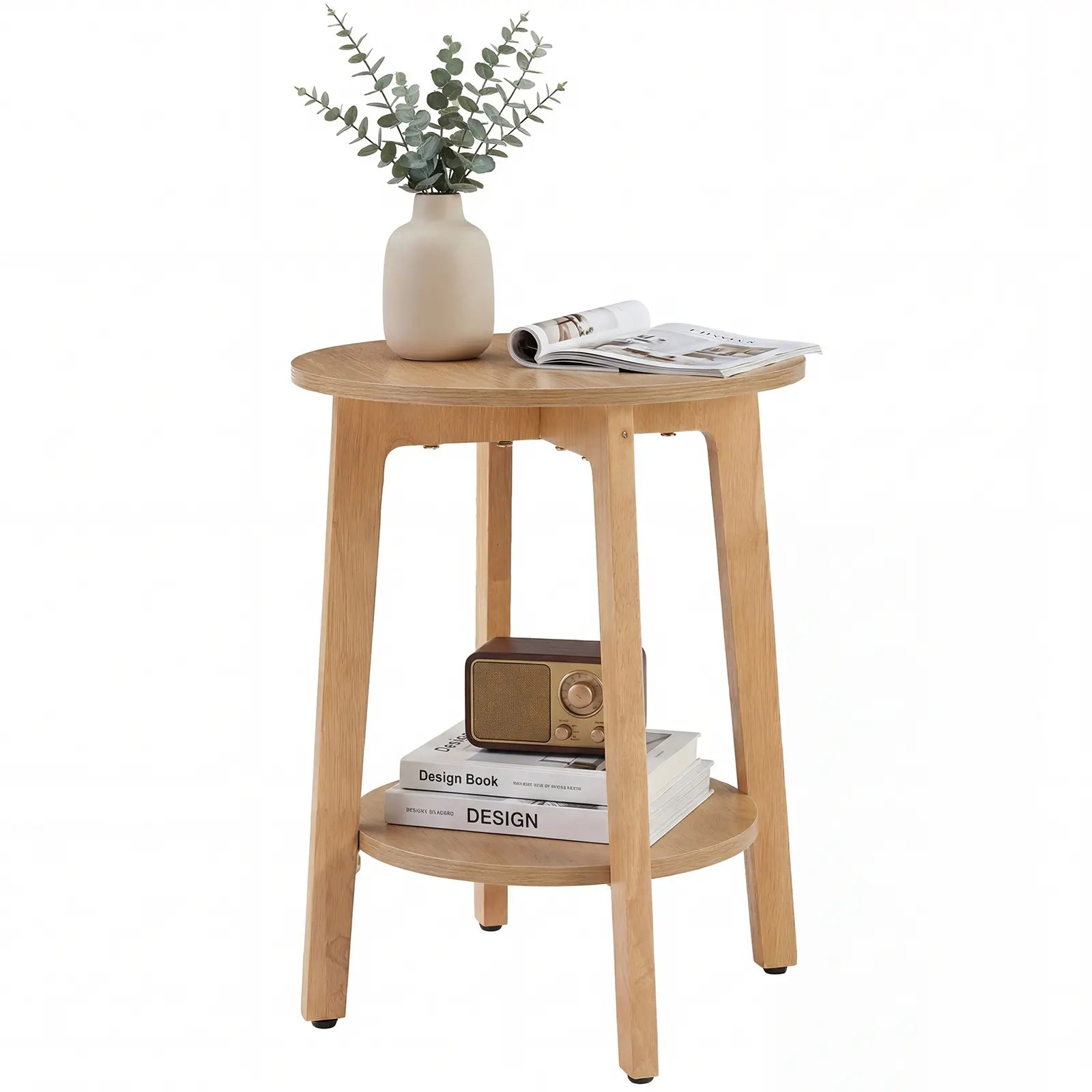 Sweetcrispy 2-Pack 2-Tier Circular Dual-Use Nightstand End Table, 15.75" Diam × 20.28" H Modern Natural Wood Furniture with Tapered Legs, Curved Transitions for Small Spaces in Apartment Living Room, 2-Tier End Tables