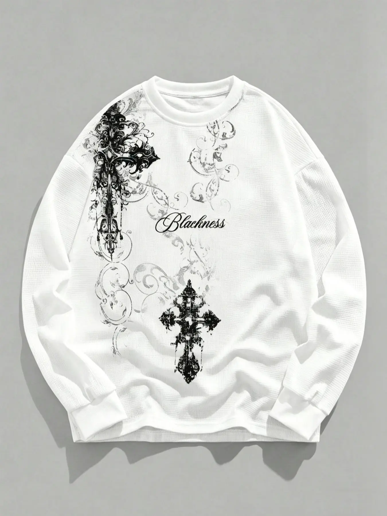 Unisex White Waffle Knit Gothic Cross Graphic Print Oversized Long Sleeve T-Shirt | Dark Y2K Grunge Alt Streetwear Top Graphic Knitwear