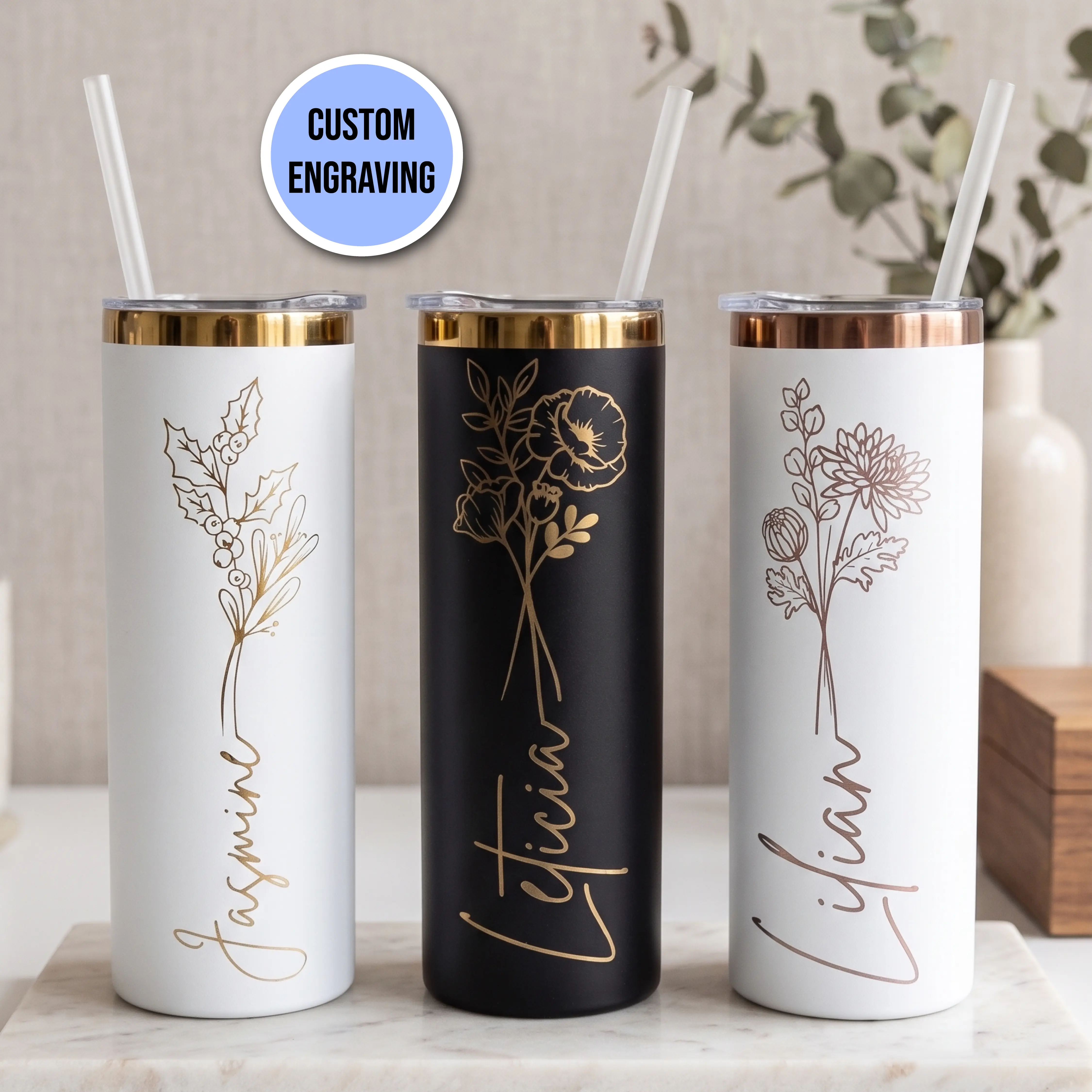 Custom Birth Flower Insulated Skinny Tumbler 20oz Mug Laser Engraved Personalized Gift for Sister Best Friend Bridesmaid, Travel Mug Bachelorette