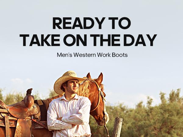 NORTIV 8 Steel Toe Cowboy Boots for Men Western Square Toe Leather Work Boots with Hazard Protection Goodyear Welt Construction Oil Slip Resistant Outsole