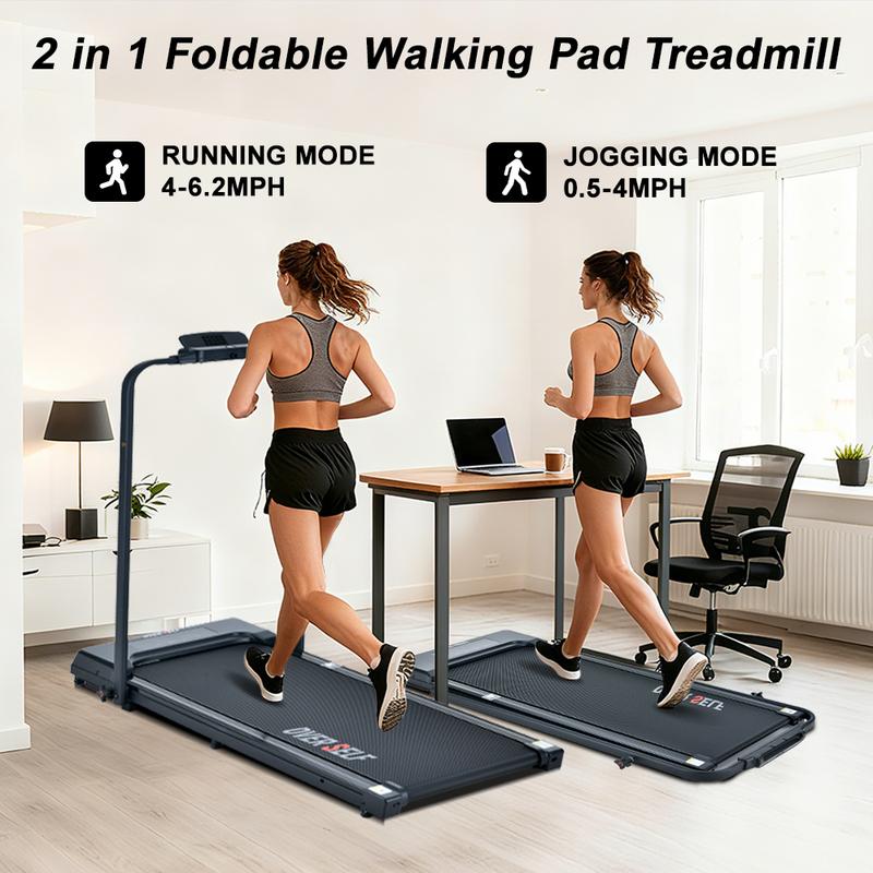 OVER SELF Folding Treadmill with Handrail, Walking Mat Treadmill Portable Treadmill for Easy Moving, Quiet design for home and office Walking pad Treadmill with LED Display for Walking and Jogging
