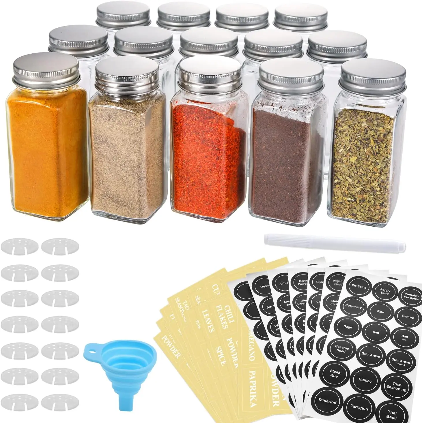 14 Pcs Glass Spice Jars with Spice Labels - 4oz Empty Square Spice Bottles - Shaker Lids and Airtight Metal Caps - Chalk Marker and Silicone Collapsible Funnel Included
