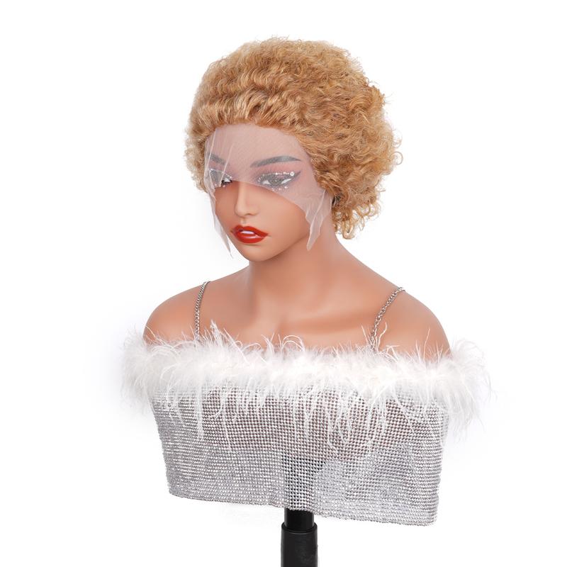 13X1 Curly Lace Front Wig 6 Inch Curly Lace Front Human Hair Wigs - Customized Ginger Blonde Wine red Colored Short Pixie Cut Water Wave Dark Rooted To Ginger Orange Color - 13x1 Transparent Lace Frontal Wigs For Women