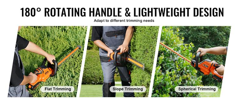 VEVOR 20V Cordless Hedge Trimmer, TikTokShopBlackFriday, 18 inch Double-edged Steel Blade, Hedge Trimmer Kit 20V Battery, Fast Charger, and Blade Cover Included, 180° Rotating Head
