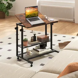 COSTWAY - Mobile Stand up Desk Height Adjustable Standing Table with Tilting Tabletop-Rustic Brown