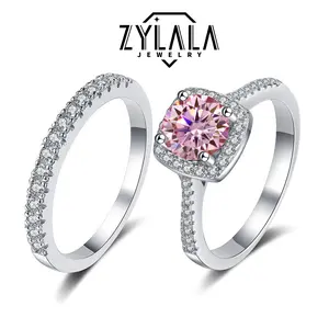 [245 Pink] 1/2CT Synthetic Moissanite Square Ring + Eternity-band Set Square Halo Design 925 Sterling Silver Promise Ring Engagement Wedding Gift