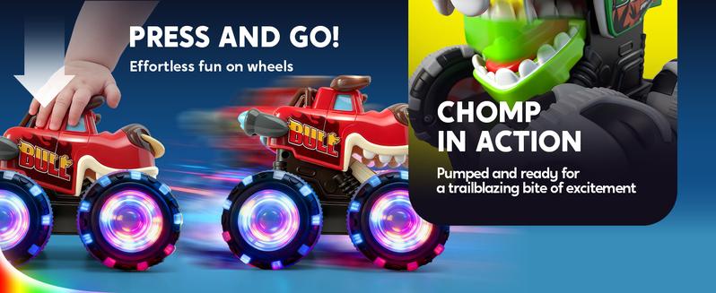 JOYIN Toys for Kids 3 Pack Monster Truck Toy, Motion Activated Light-Up Cars, Press & Go Cars for Boys Girls, Christmas Gifts for Kids Baby Toy Present Dinosaur Carrier Truck,MONSTER TRUCK SET Valentine's Day Gifts for Kids