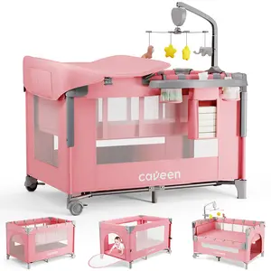 CAVEEN 5 in 1 Baby Playard, WIth Baby Bassinet, Portable Bedside Sleeper Baby Crib, with Removable Changing Station & Storage Organizer, Pink