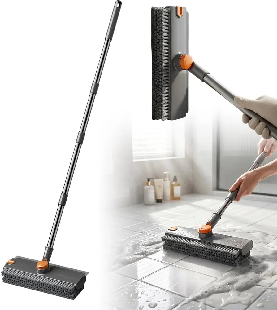 4-in-1 Multifunctional Floor Scrub Broom - 28in Adjustable Stainless Steel Extendable Handle, Stiff PVC Bristles, 360° Rotatable Brush Head, Silicone Squeegee & Scraper, Dual Wet-Dry, for Kitchen Tile, Garage, Home Improvement Bathroom Fixture Accessory,,