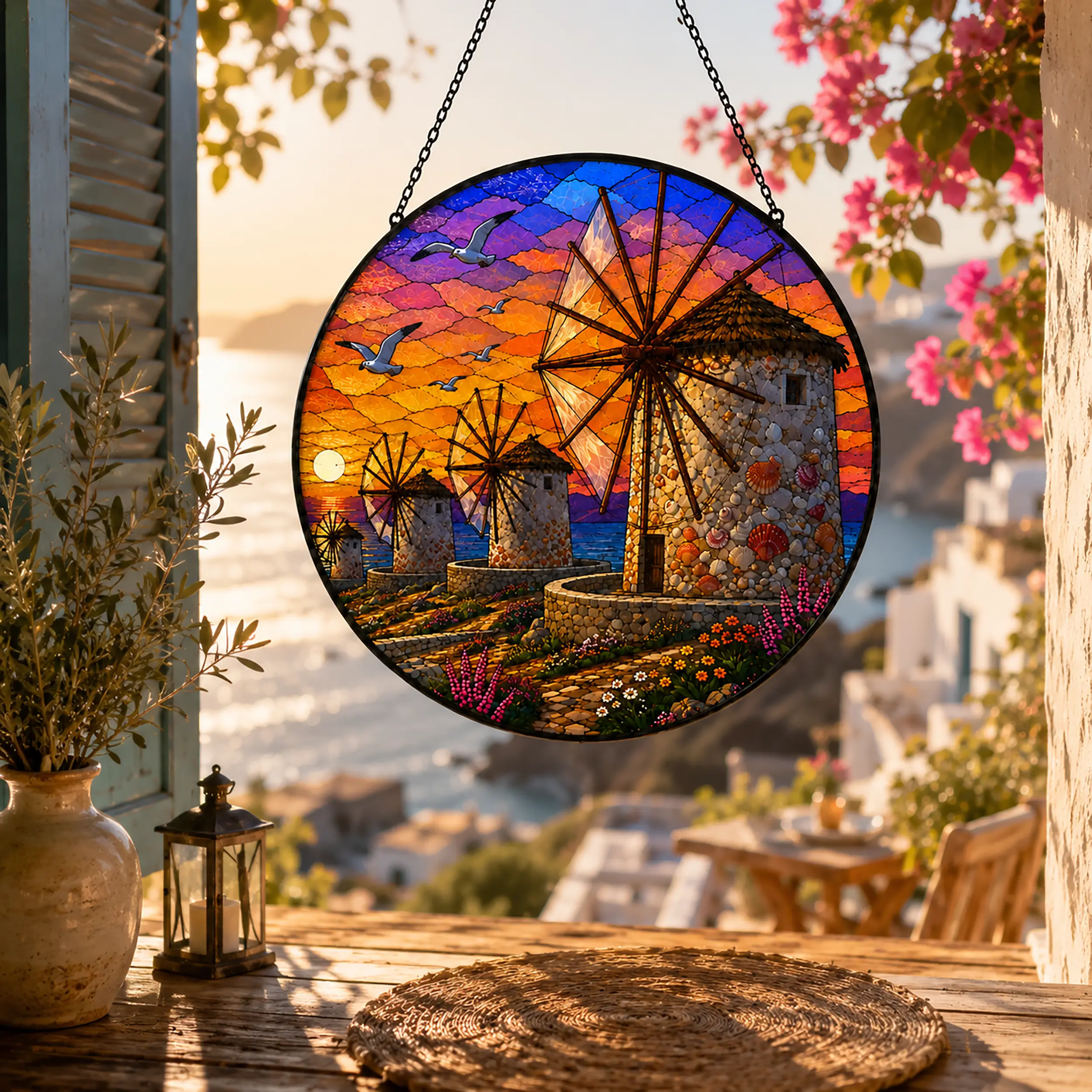 Stained Glass Windmill Suncatcher Window Hanging, Sunset Glass Ornament, Colorful Window Decor, Gift for Home & Garden