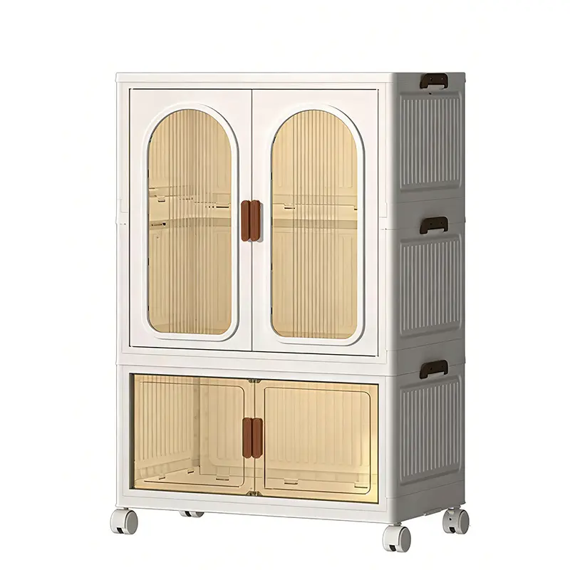 60cm-2/3/4layers Large Stackable Plastic Storage Box with Lid, Wheels, Door and Foldable Design - Drawer-Style Preserving Container for Bedroom, Kitchen