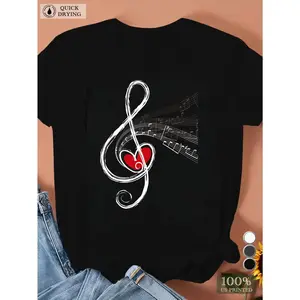 Music Note Heart Design Black T-Shirt For Music Lovers Personalized Unisex Women's Top All Season Comfortable Breathable Short Sleeve Tee Suitable For Any Outfit Made In Usa