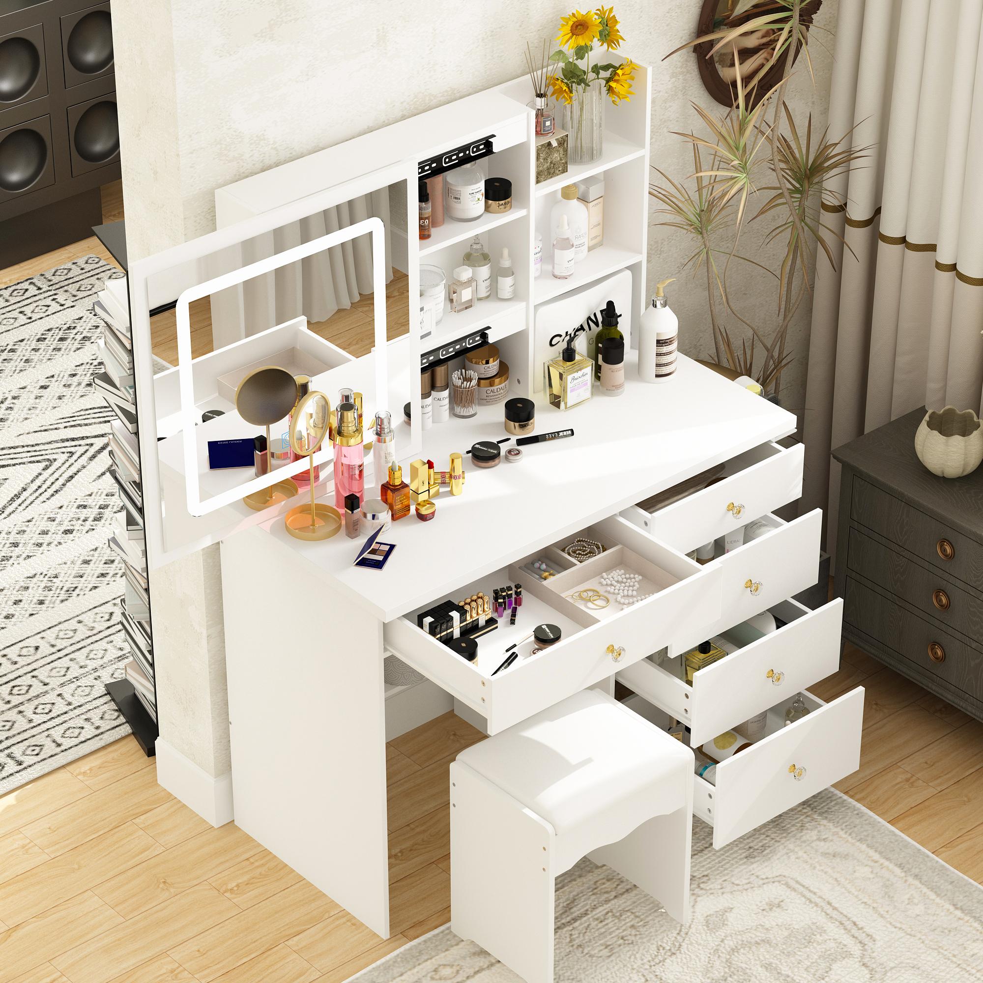 FUFU&GAGA  Makeup Vanity Desk Set with Sliding Lighted Mirror, Power Strip & Hair Dryer Holder, with Drawers, Storage Shelves & Stool