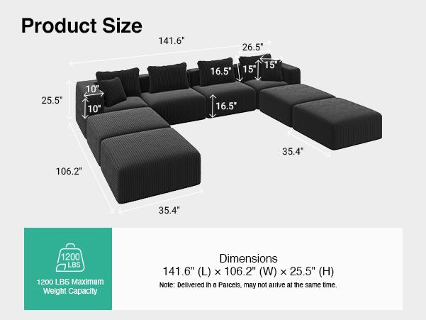 【4 Packages Shipping] Plush Corduroy Cloud Velvet Modular Couch with Chaise & Ottoman, No Assembly Required - L/U- Shaped Sectional Sofa Set with Flexible Configuration