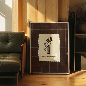 [Sale Up To 50%] Mid-Century Couples Poster, 'Lucky Is To Have You' Vintage Love Stamp Print, Romantic Anniversary Wall Art, Retro Valentine Bedroom Decor