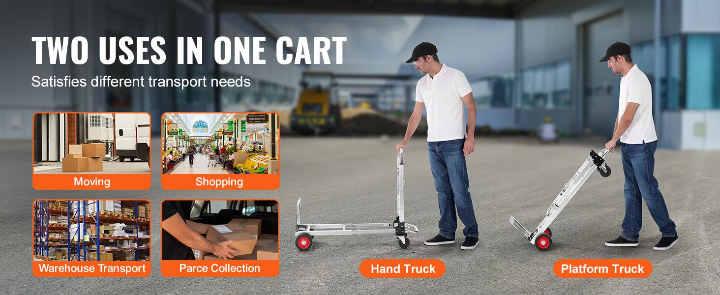 VEVOR Aluminum Folding Hand Truck, Summervibes,Summervibes, 2 in 1 Design Max 800 lbs Capacity, Heavy Duty Industrial Collapsible cart, Dolly Cart with Rubber Wheels for Transport and Moving in Warehouse, Supermarket, Garden