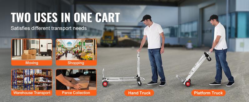 VEVOR Aluminum Folding Hand Truck, TikTokShopBlackFriday, 2 in 1 Design Max 800 lbs Capacity, Heavy Duty Industrial Collapsible cart, Dolly Cart with Rubber Wheels for Transport and Moving in Warehouse, Supermarket, Garden