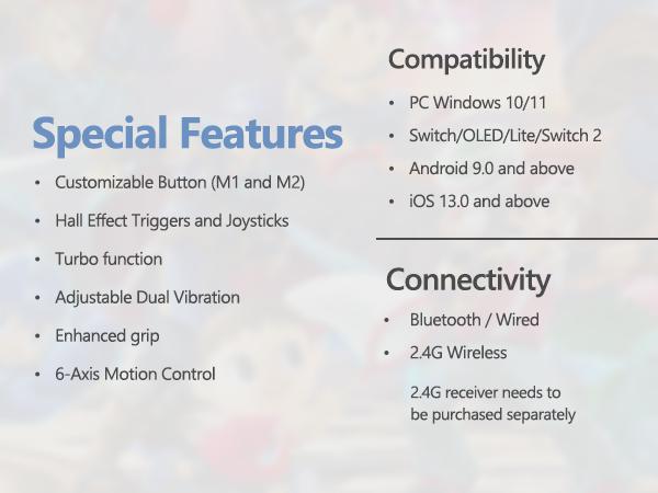 Wireless Switch Controller with 2.4G Adapter for Switch/Switch 2/Lite/OLED, PC, Android & iOS, Hall Effect Joysticks & Triggers, Dual Vibration, 2 Back Custom Macros, Turbo Function, No Stick Drift, AG46 gamer gifts