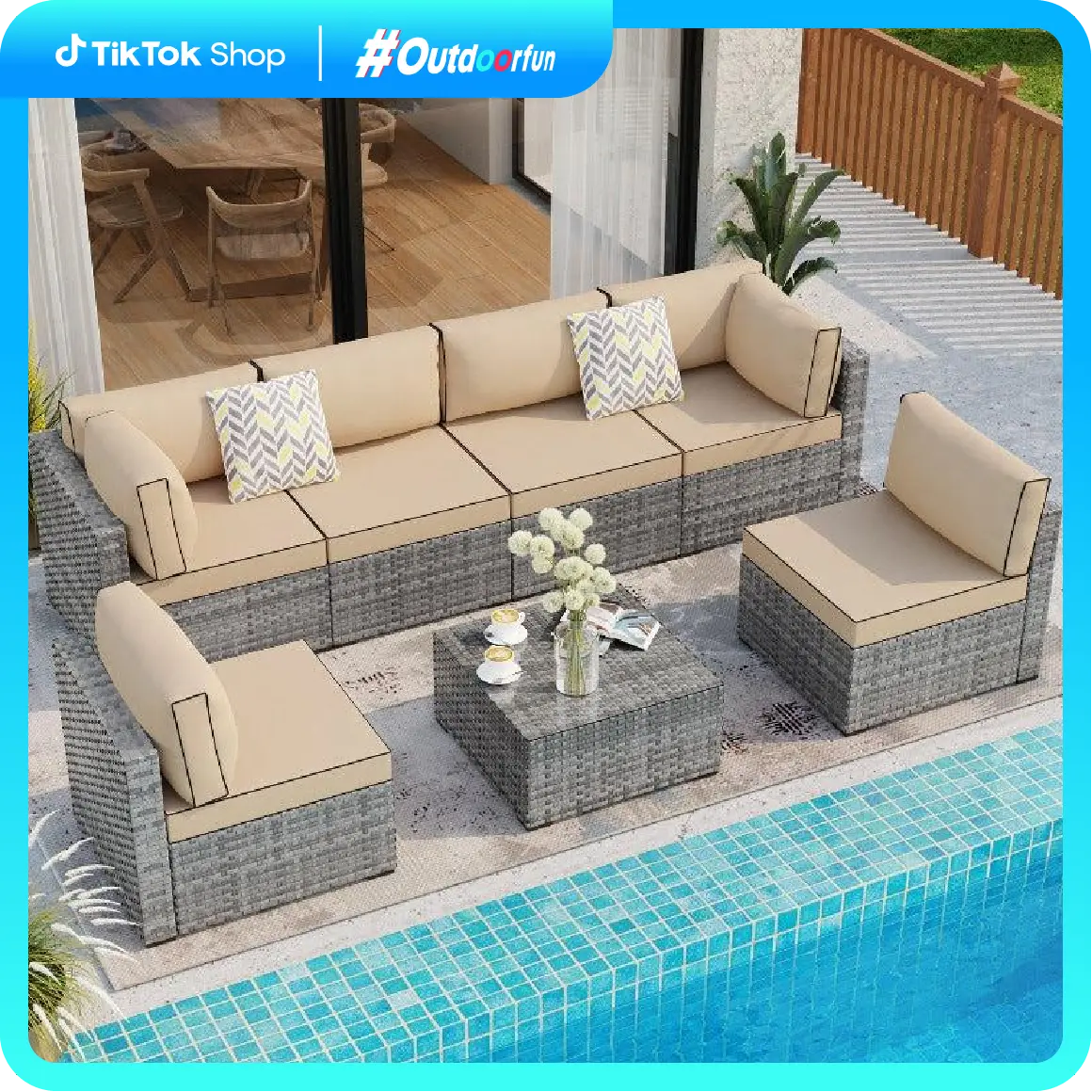 [2 Packages Shipping]Walsunny 7 Pieces Outdoor Patio Furniture Set, Outdoor Sectional Rattan Wicker Modern Sofa Furniture Set, Bistro Style Conversation Sofa for Pool, Backyard (Silver Gray), Outdoor Furniture Set Lounge