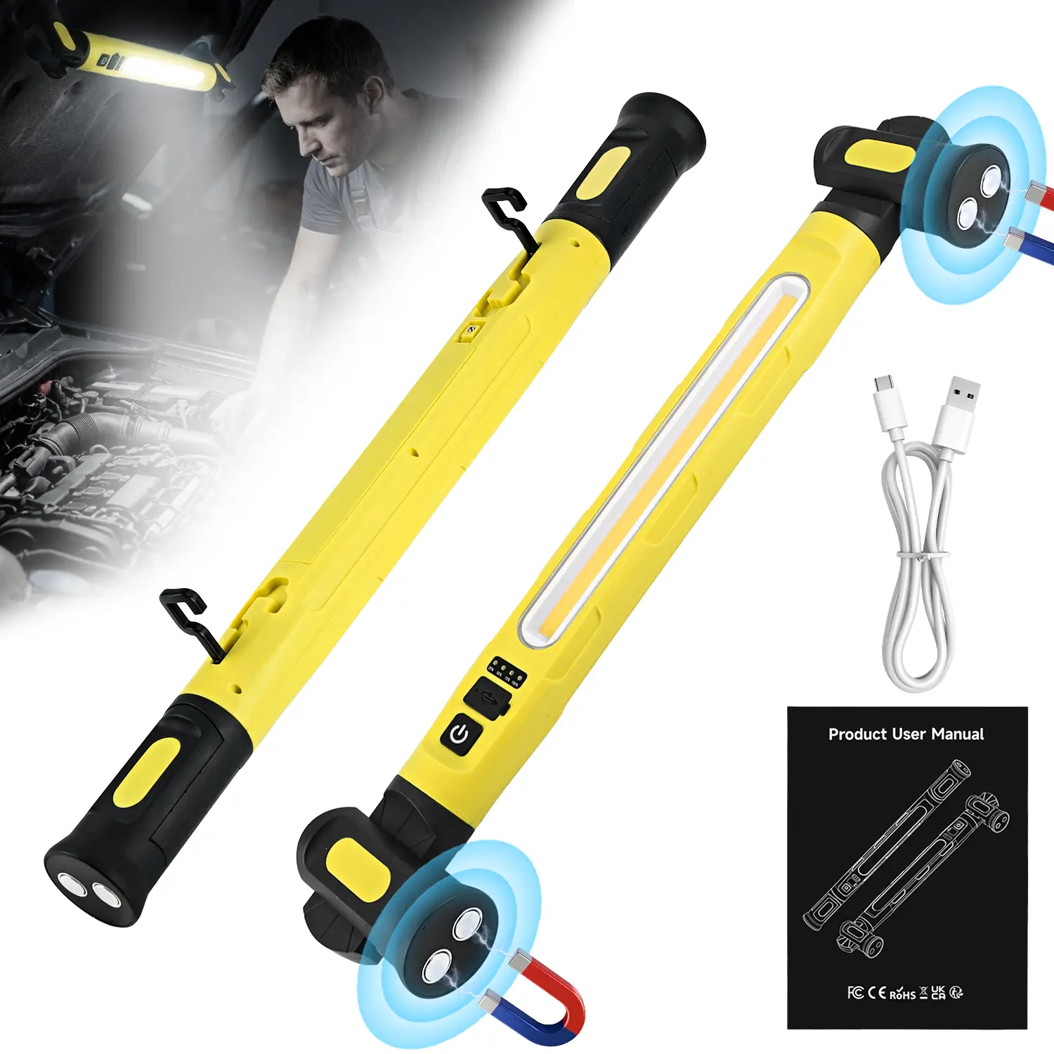 Under Hood Work Light Bar,Five-mode light source , 360° rotatable magnetic adsorption,3000LM LED Magnetic Light Bar with Hooks, 5200mAh Cordless Rechargeable Hood Light, Single Pack, Ideal for Mechanic, Car Repair & Garage Use