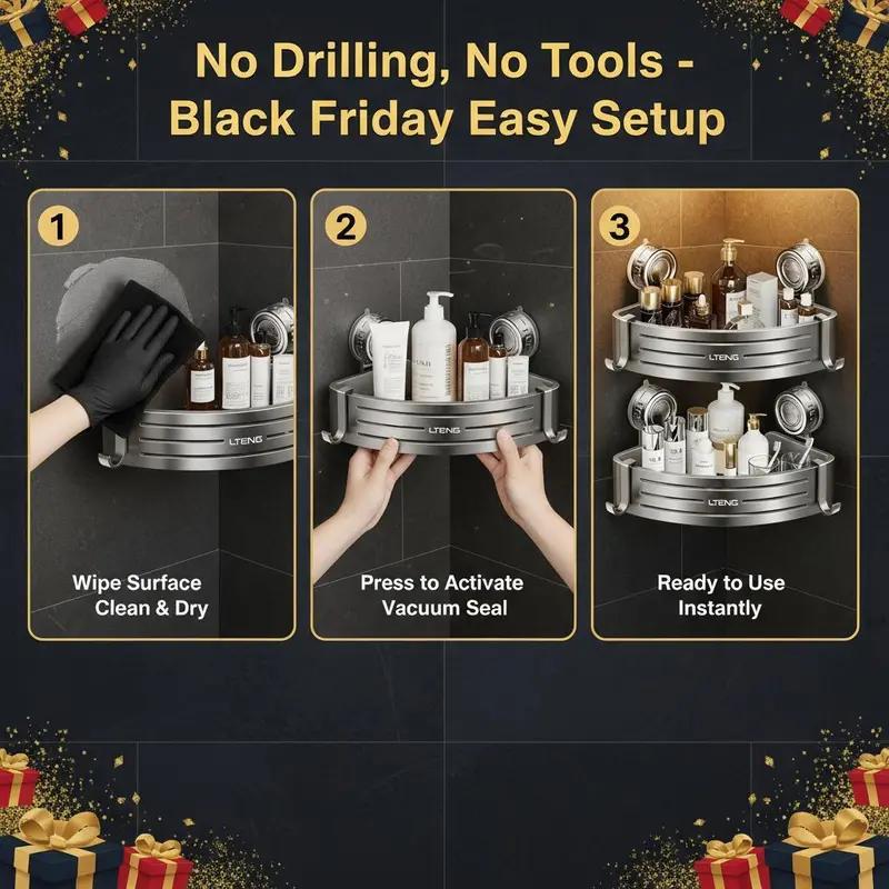 Upgrade Version Gun Gray ABS Triangle Suction Cup ShowerCaddy 3-Tier Corner Shelves NoDrilling 50lbs LoadCapacity 6 Hooks for Bathroom Storage