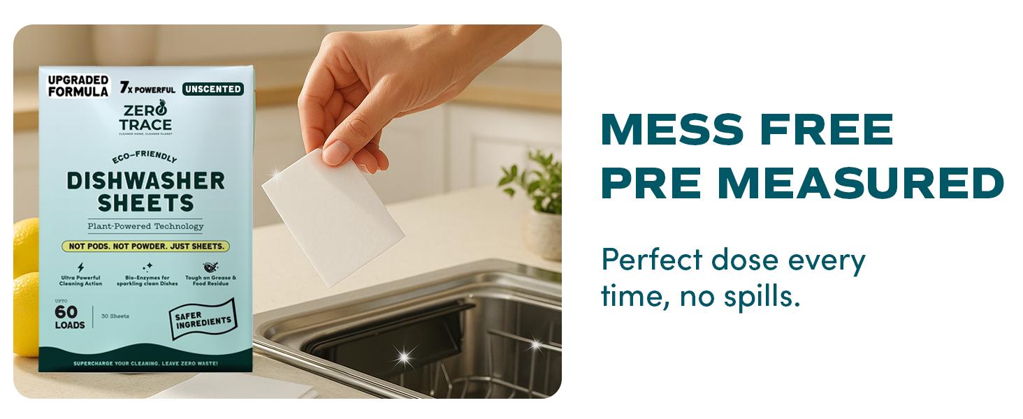 Zero Trace Eco-Friendly Dishwasher Detergent Sheets Unscented - 38 Plant-Based Sheets for Efficient Cleaning & Eco-Friendly Home Care - Ultra Concentrated PROTECH Formula - No Residue, Non-Toxic, Plastic-Free Packaging - Household