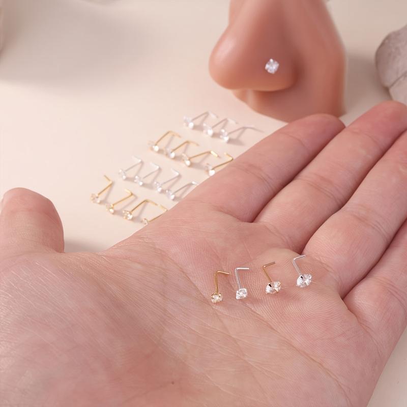 5Pcs Classic Golden/Silvery Nose Rings Ear Studs Boho L-shaped Nose Nostril Piercing Body Jewelry Women 3mm Shiny Cubic Zirconia Nose Screw Ear Stud Ring L-shaped Nose Stud Set