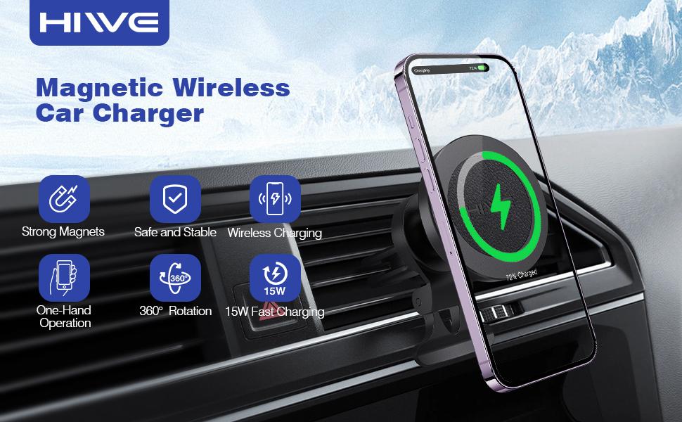 Magnetic Wireless Car Charger, Design for MagSafe Car Mount Charger, Strong Magnetic 15W Fast Charging Car Charger Phone Holder with USB Car Charger for MagSafe iPhone 17/16/15/14/13/12 Series